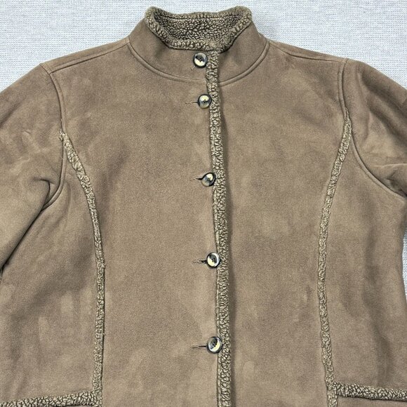 LL Bean Womens Light Brown Coat Button Up Jacket Sherpa Lining High Neck Sz XL - Picture 8 of 16